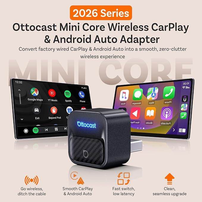 Ottocast Mini Core 2026, 2-in-1 Wireless CarPlay Adapter & Android Auto Adapter – Auto-Switch, Plug & Play, WiFi 6, Fast Reconnect, Mini & Stable
