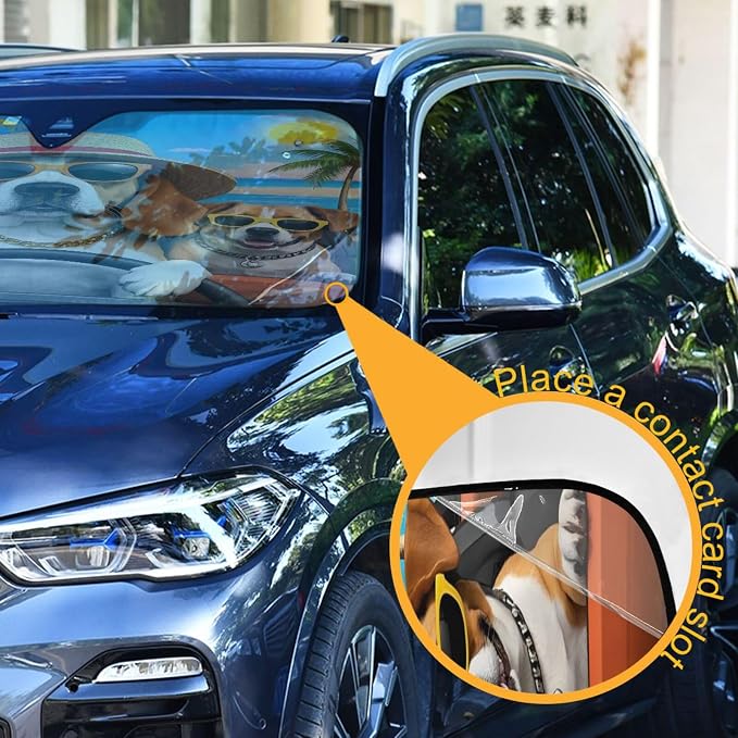 Funny Dogs Palm Tree Summer Car Windshield Sun Shade for Car Auto SUV Truck Foldable Front Window Sunshade Sun Visor Protector Block UV Rays Reflect Heat, 55" x 28"