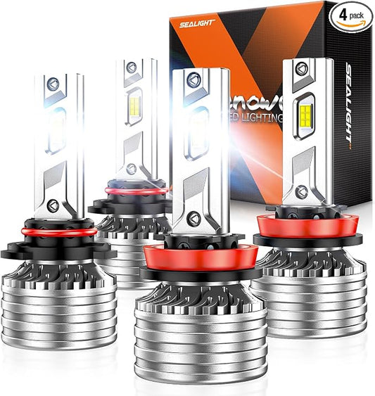 SEALIGHT 9005 H11 Bulbs, 180,000LM 14X Brightness, HB3 H8/H16/H9 6500K Cool White LED Bulbs, IP68 Waterproof 70000Hrs Lifespan, 5X Heat Dissipation driving LED Bulbs, Plug and Play, 4 Pack