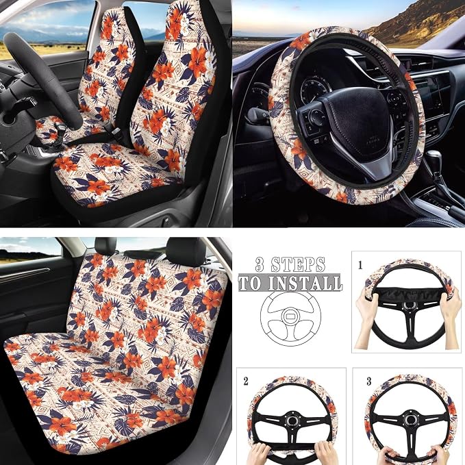 10 Pcs Hawaii Hibiscus Flower Car Seat Covers, Island Hibiscus Flowers Car Accessories Steering Wheel Cover, Tribal Ethnic Floral Seat Belt Cover for Automotive