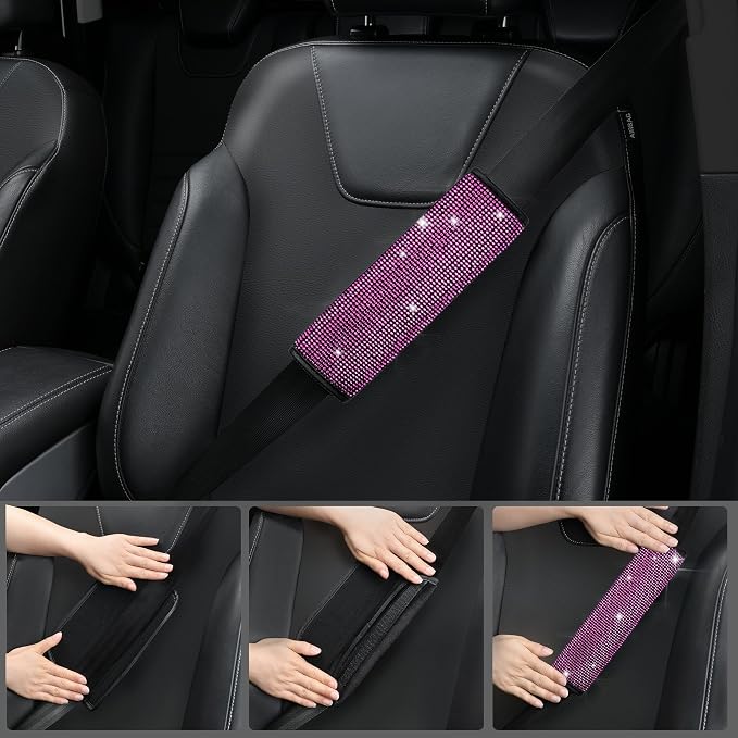 CAR PASS 11 PCS Bling Diamond Car Accessories Set for Women, Sparkly Rhinestone Steering Wheel Cover, Bling Seat Belt Cushion, Shift Knob Cover, Push Start Button Ring, Cup Holder Coaster, Black Pink