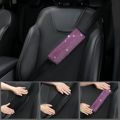 CAR PASS 11 PCS Bling Diamond Car Accessories Set for Women, Sparkly Rhinestone Steering Wheel Cover, Bling Seat Belt Cushion, Shift Knob Cover, Push Start Button Ring, Cup Holder Coaster, Black Pink