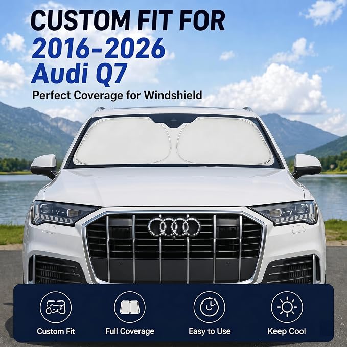 Custom Fit Windshield Sun Shade for Audi Q7 2016-2026 | Custom Fit Windshield Cover, Blocks UV Rays, Double-Layer Heat Shield, Durable Frame, Easy Fold & Storage