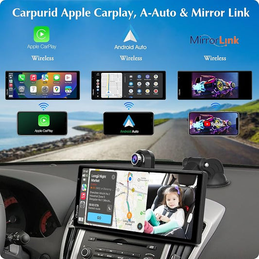 Carpuride W903 Wireless Carplay & Android Auto with Dash Cam - 9.3" HD IPS Touch Car Play Screen for Car, 4K Front & 1080P Rear Camera, Loop Recording, Bluetooth Audio, Mirror Link, GPS