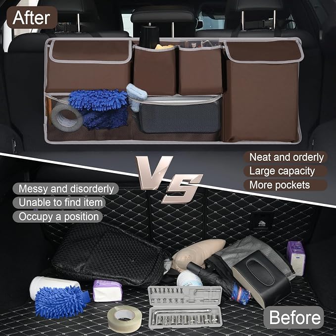 UYYE Trunk Hanging Organizer, Backseat Storage Bag, Collapsible Car Interior Accessories with 4 Pockets & 2 Mesh Pouches for Tools, Provide More Storage Trunk Space for SUV, Jeep, MPVs (Brown)