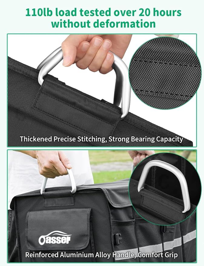 Oasser Trunk Organizer, Large, Black | Waterproof, Collapsible, Foldable Hard Cover, Aluminium Alloy Handle, Reflective Strip