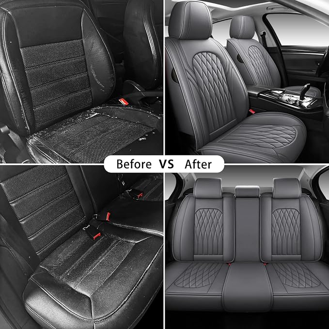 WELLDO Nappa Faux Leather Car Seat Covers Full Set, Gray | Waterproof, Non-Slip Seat Protector, 0.28in Thickened Cushion, Airbag Compatible, Universal for Cars SUV Truck Pickup
