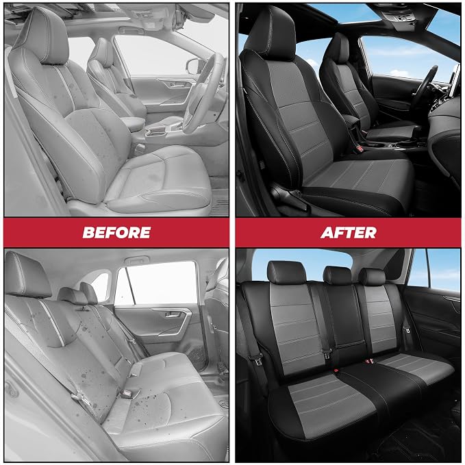 FREESOO RAV4 Seat Covers Full Set Custom Fit for Toyota Rav4 2021-2024 Prime SE,XSE & 2019-2025 Hybrid/PHEV SE,XSE Faux Leather Car Seat Cover, Airbag Compatible, Black Gray