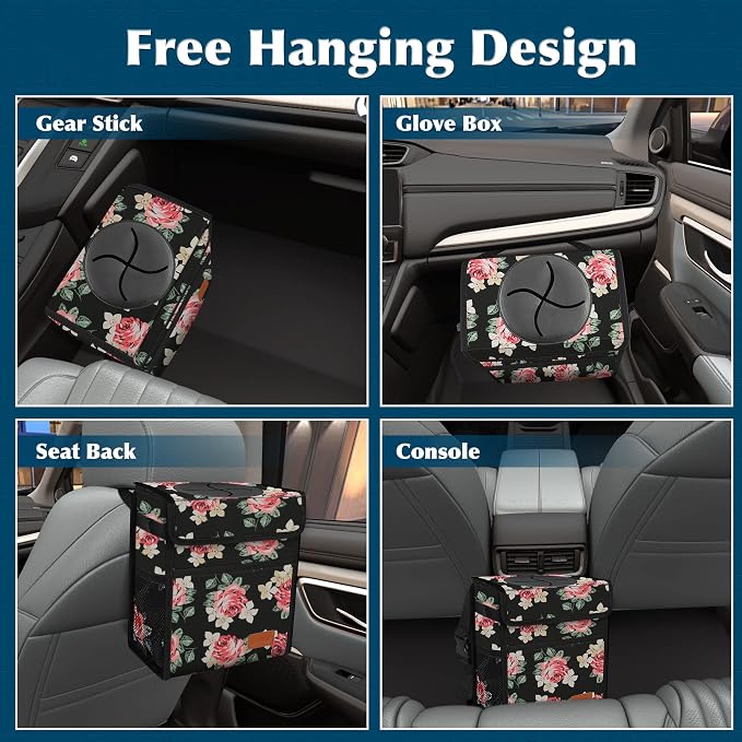 Femuar Car Trash Can Leak Proof Car Trash Bag Waterproof Car Garbage Can with Lid for SUV Front Seat Multipurpose Car Hanging for Headrest Collapsible and Portable with Storage Mesh Pocket, Flower