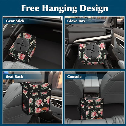 Femuar Car Trash Can Leak Proof Car Trash Bag Waterproof Car Garbage Can with Lid for SUV Front Seat Multipurpose Car Hanging for Headrest Collapsible and Portable with Storage Mesh Pocket, Flower