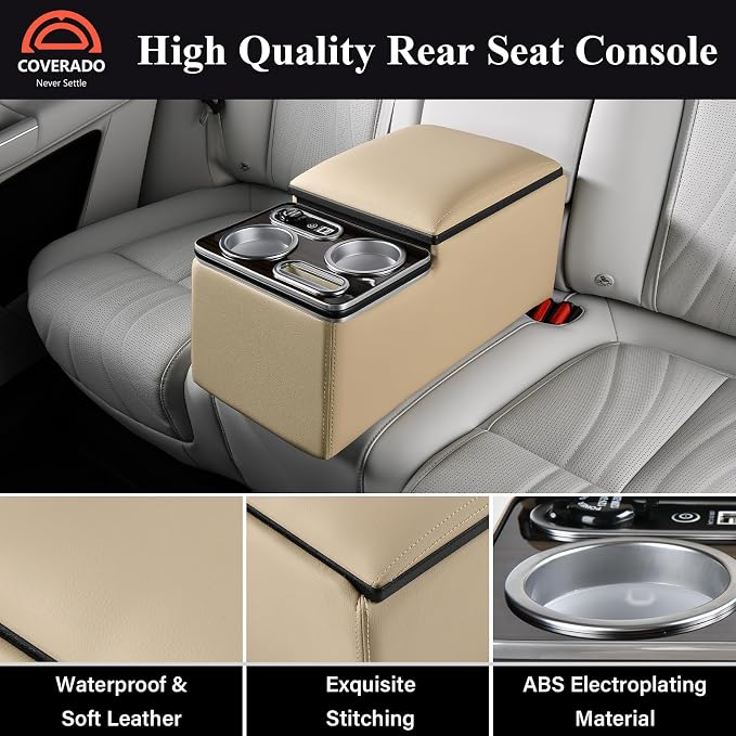 Coverado Car Center Console, Universal Rear Bench Seat Consoles, Back Seat Car Organizer, Seat Organizer with Cup Holder+Phone Holder, Central Armrest Box Back Seat Storage Box (Upgraded, Beige)