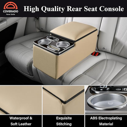 Coverado Car Center Console, Universal Rear Bench Seat Consoles, Back Seat Car Organizer, Seat Organizer with Cup Holder+Phone Holder, Central Armrest Box Back Seat Storage Box (Upgraded, Beige)