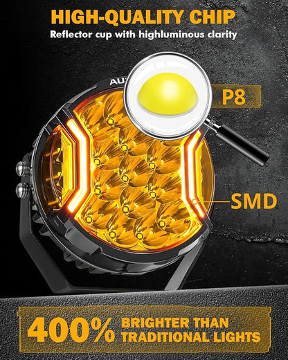 Auxbeam 7 Inch LED Side Shooter Light, V-Ultra Series Round Driving Offroad Lights 226W Hyper Spotlights with Amber DRL, 270° Wide Range Universal Amber Yellow Lights with Black Cover, Pair