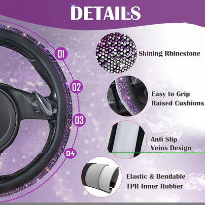 CAR PASS Bling Diamond Leather Steering Wheel Cover, Bling Sparkly Crystal Glitter Rhinestones Universal Fit 14" 1/2-15" Car Wheel Protector for Women Girl Fit Suvs,Vans,Sedans,Trucks, Purple Silver