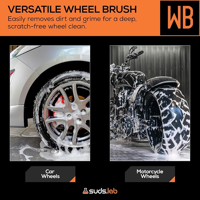 Suds Lab WB Premium Detailing Wheel Brush for All Vehicle Types – 17.7" Ultra-Soft and Scratch-Free Reusable Rim, Wheel, and Tire Brush for Deep Cleaning