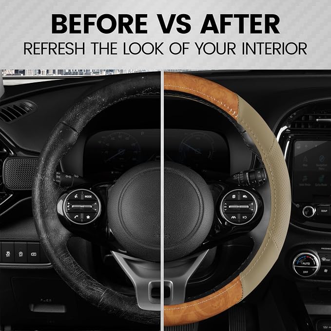 BDK BurlwoodLux Wood Grain and PU Leather Beige Steering Wheel Cover - Sport Grip for Car Auto SUV Trucks