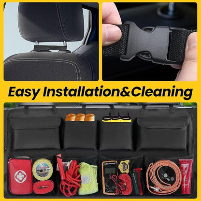 Car Backseat Hanging Trunk Organizer Extra-Long, 30% More Storage, 8 Large Pockets Car Storage Bag for SUV, Truck, Van – Super Capacity SUV Hanging Organizer for a Neat & Clutter-Free Space - Black