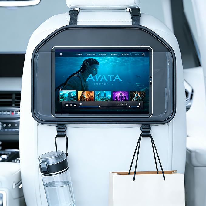 Car Tablet Holder, Backseat Headrest Mount for iPad, Adjustable Seat Organizer with Touch Screen Pocket & Storage Hooks, Fits 7-11 Inch Tablets, Kids Travel Accessory
