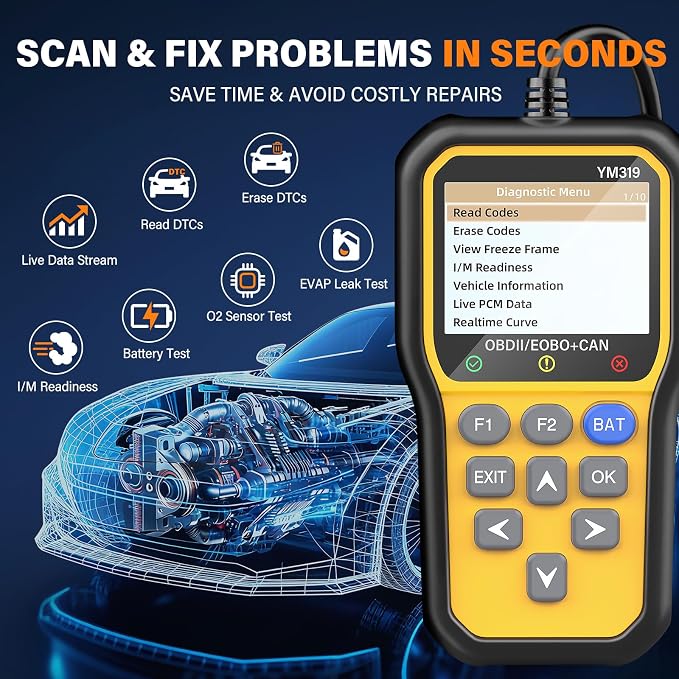 BluSon YM319 OBD2 Scanner Diagnostic Tool with Battery Tester, Check Engine Fault Code Reader with Live Data, Cloud Printing, DTC Lookup, Freeze Frame, Scan Tool for All OBDII Protocol Cars Since 1996