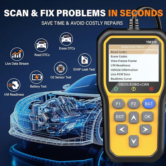 BluSon YM319 OBD2 Scanner Diagnostic Tool with Battery Tester, Check Engine Fault Code Reader with Live Data, Cloud Printing, DTC Lookup, Freeze Frame, Scan Tool for All OBDII Protocol Cars Since 1996