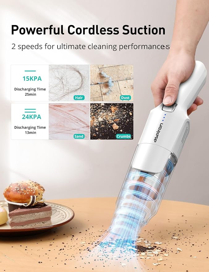 Aspiron Cordless Handheld Vacuum, 24KPA Powerful Car Vacuum, 2-Speed, 2 Charging Methods, Wireless Charger, Ergonomic Handle, Portable Rechargeable Vacuum Cleaner for Car, Home, Cream White