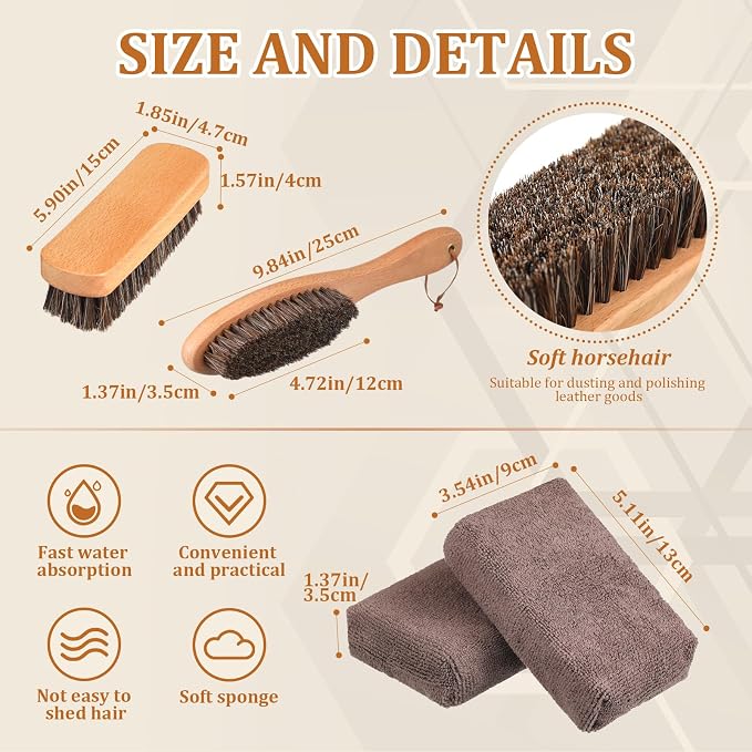 Weysat 10 Pcs Leather Car Interior Detailing Brush Set, Microfiber Cloth Applicator, Absorbent Sponge Block, Natural Bristles Brushes Scratch-free Ultra-soft for Interiors Furniture Seats Leather Care