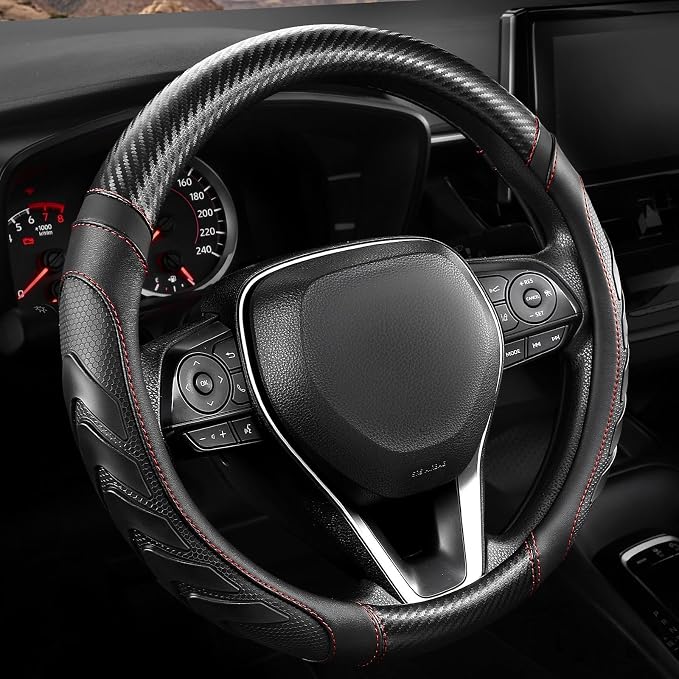 West Llama Carbon Fiber Leather Steering Wheel Cover with Anti-Slip Grip, 3D Textured Design, 14.5-15 Inch Car Steering Wheel Cover, Durable Interior Accessory（Standard Size-Black+Red
