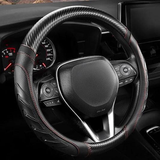 West Llama Carbon Fiber Leather Steering Wheel Cover with Anti-Slip Grip, 3D Textured Design, 14.5-15 Inch Car Steering Wheel Cover, Durable Interior Accessory（Standard Size-Black+Red