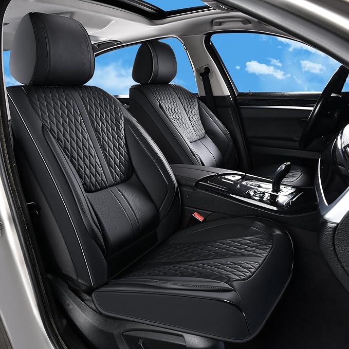 Huidasource Front Seat Covers, Luxury Nappa Leather Car Seat Covers Front Seats with Airbag, Lumbar Support, Cooling＆Heating, Seatbelt Buckles, Driver Seat Cover Fit for Most Cars SUV Trucks, Black