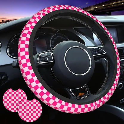 Pink Checkered Steering Wheel Cover Checkered hot Pink Steering Wheel Cover of Wome Anti-Slip Breathable Universal 14-15 Inch Car with 2 Pcs Car Coasters Suitable Men Women