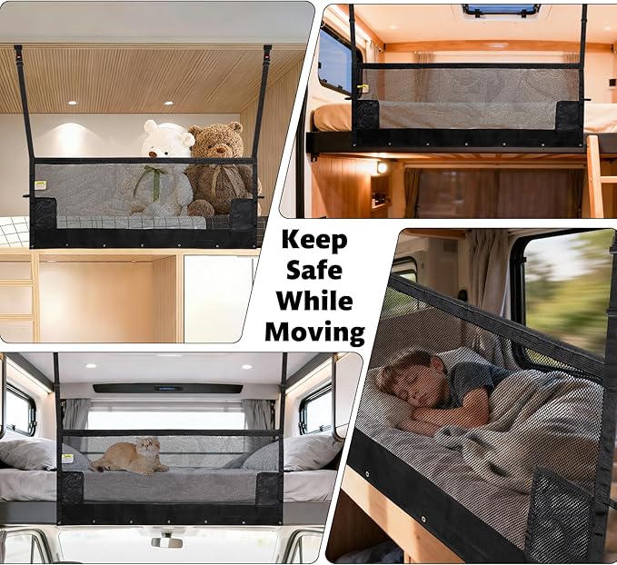 59" x 18" Campers & RV & Bunk Bed Safety Net with Quick Release Seat Belt Buckles,Adjustable Bunk Bed Netting for Family Travel, Motorhome, Trailer, Fifth Wheels RV Bedding Accessories Mesh Barrier