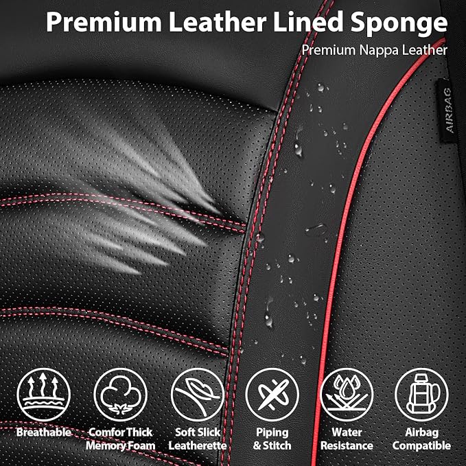 CAR PASS 3D Foam PU Leather Car Seat Covers, Universal Seat Covers Front 2 for Trucks SUV Sedan Automotive Seat Covers Armrest Airbag Compatible Waterproof Comfortable Faux Nappa Leather Black Red