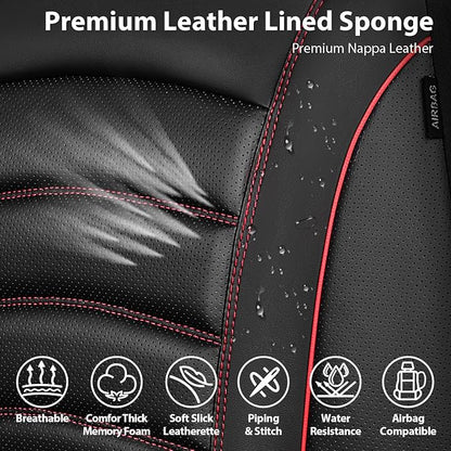CAR PASS 3D Foam PU Leather Car Seat Covers, Universal Seat Covers Front 2 for Trucks SUV Sedan Automotive Seat Covers Armrest Airbag Compatible Waterproof Comfortable Faux Nappa Leather Black Red