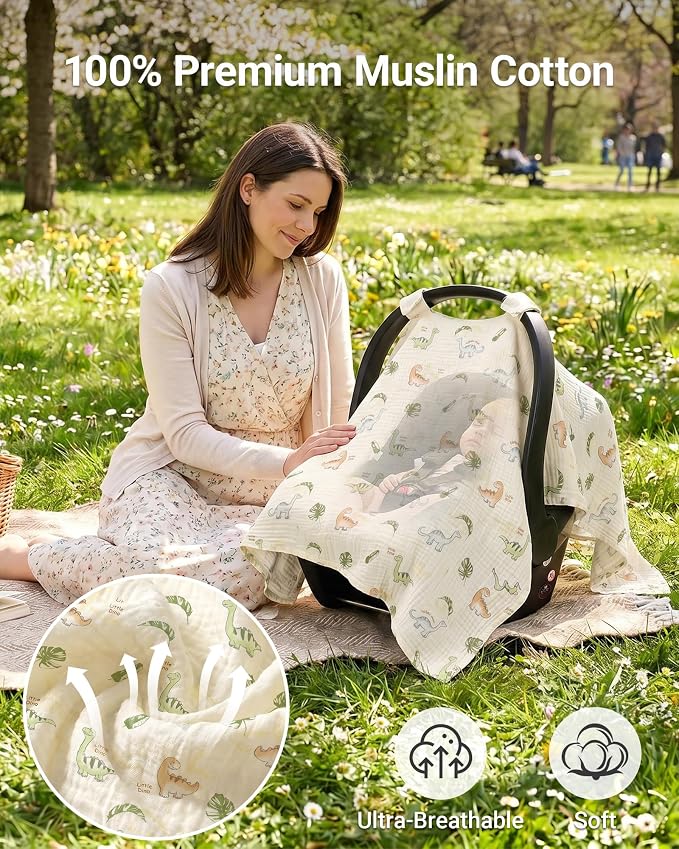 Metplus 100% Muslin Car Seat Cover Baby & Nursing Cover, Soft Breathable Infant Carseat Canopy for Summer, Stroller & Carrier Sunshade for Boys Girls (Cute Dinosaur)
