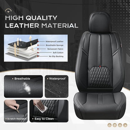 Coverado Front Seat Covers, 2-Pack Luxury Leather Seat Cover with Lumbar Support, Black Seat Covers for Cars, Waterproof Car Seat Protectors, Driver Car Seat Cushions Universal Fit for Most Vehicles