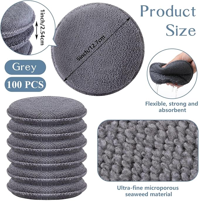 Tanlade 100 Pcs Car Detailing Microfiber Applicator Pad Wax Applicator Wash Microfiber Pads, 5 Inch Diameter (Grey)