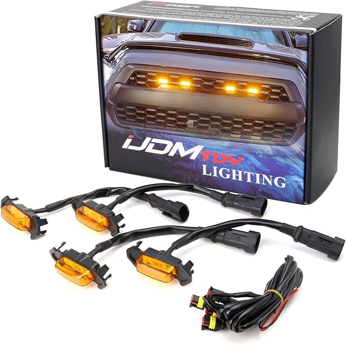 iJDMTOY 4pc Set Front Grille Lighting Kit Compatible with 2016-2023 Toyota Tacoma w/TRD Pro Grill ONLY, Includes (4) 4-SMD 2500K Amber LED Light Assy & Wiring Harness
