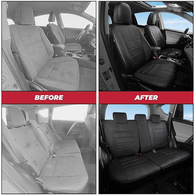 FREESOO RAV4 Seat Covers Full Set Custom Fit for Toyota Rav4 Gasoline LE (NOT for Hybrid) 2013 2014 2015 2016 2017 2018, Faux Leather Car Seat Cover, Airbag Compatible, Black