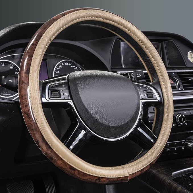 CAR PASS Wood Grain 14.5-15 inch Microfiber Leather Steering Wheel Cover, Anti-Slip Veins Design Steering Wheel Universal Fit for Most Cars, Sedans, SUV， Beige