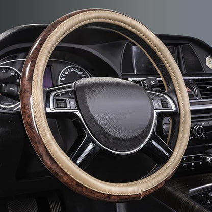 CAR PASS Wood Grain 14.5-15 inch Microfiber Leather Steering Wheel Cover, Anti-Slip Veins Design Steering Wheel Universal Fit for Most Cars, Sedans, SUV， Beige