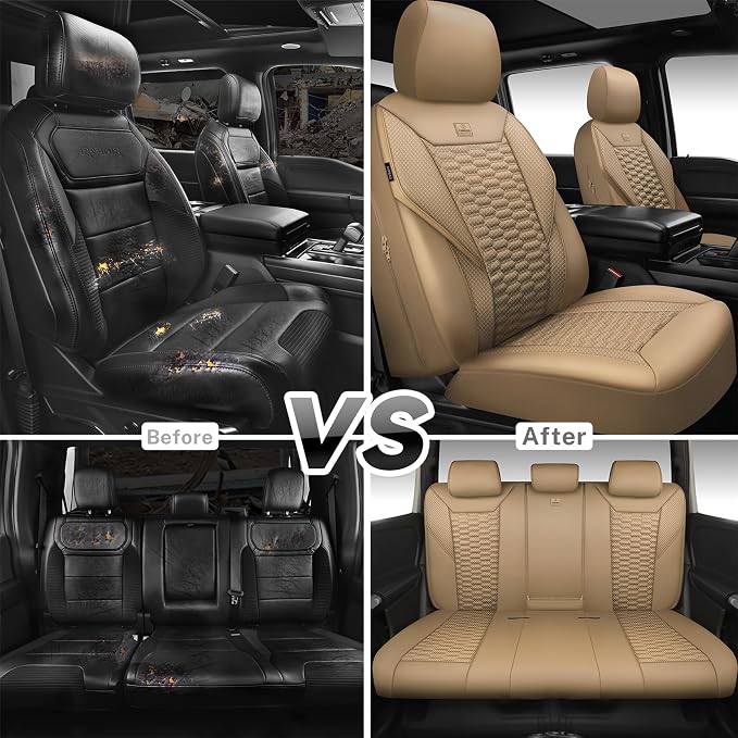 CAR PASS 3D Foam Mesh Leather Car Seat Covers Full Set, Tan Breathable Mesh Faux Leather Seat Covers for Car, Universal Fit for SUV Truck Sedan Automotive, Armrest Airbag Compatible, All Beige