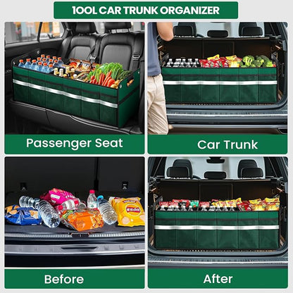 winhunt Car Trunk Organizer, Car Storage Organizer, Collapsible Multi Compartment for Car, Suv, Sedan, Truck, 100L, Extra Larger (Green, 100L)