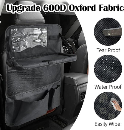 Car Backseat Organizer with Tablet Holder, 9 Storage Pockets with Foldable Food Tray, Kick Mats Back Seat Cover for Kids Road Trip Essentials Travel (1 Pack)