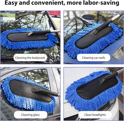 2 PCS Microfiber Car Dusters, Scratch Free Auto Exterior Dust Brust Set with Extendable Duster, Multipurpose Soft Brushes Dusting Supplies for Cars Trucks SUVs Motorcycles (Blue)