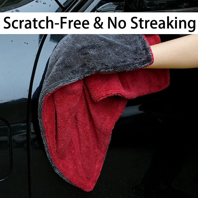 LIVOS 1000GSM Car Drying Towel, 18" x 24" Dual Sided Microfiber Towels for Cars, Ultra Absorbent Lint & Scratch-Free, Edgeless Twisted-Loop, Premium Wash Towel, Red&Grey