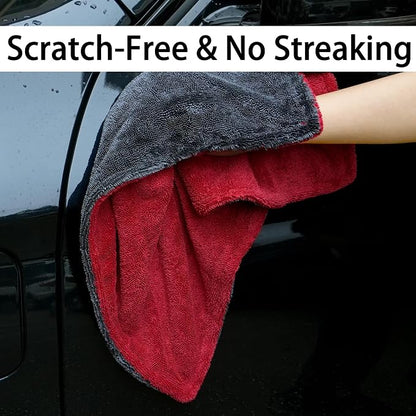 LIVOS 1000GSM Car Drying Towel, 18" x 24" Dual Sided Microfiber Towels for Cars, Ultra Absorbent Lint & Scratch-Free, Edgeless Twisted-Loop, Premium Wash Towel, Red&Grey