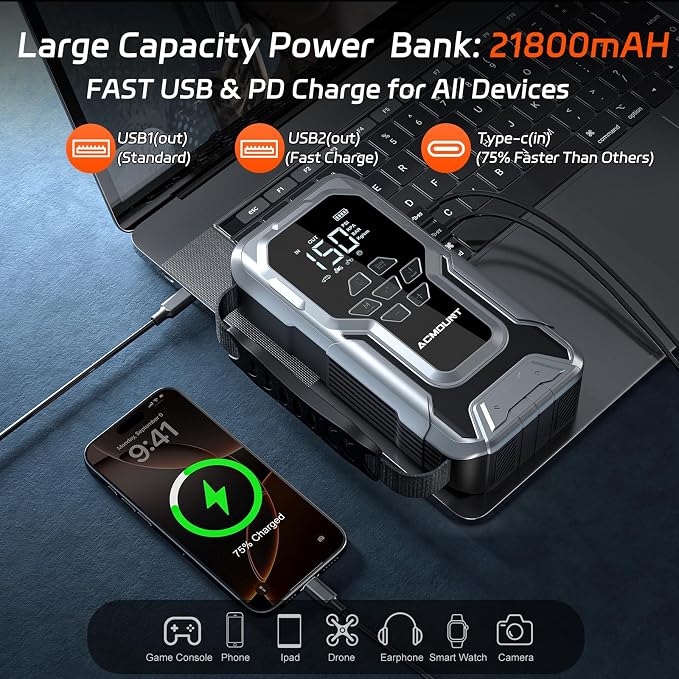 Acmount D18 Jump Starter with Air Compressor, 6000A Car Battery Jumper Starter Portable(All Gas/10.0L Diesel), 150PSI Tire Inflator Air Pump, 12V Jump Pack, 800LM Flashlight, Car Gift for Man