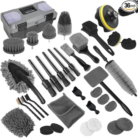Car Detailing Kit, Car Detailing Brush Set, Car Cleaning Kit, Auto Detailing Tools for Interior Exterior Wheels, Professional Car Wash Accessories with Windshield Cleaning Tool and Storage Box(Grey)