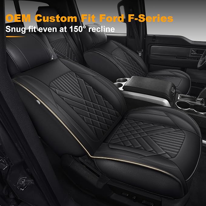 IKABEVEM for Ford F150 2009-2024 2025 2026 Seat Covers F250 F350 F450 2017-2025 2026 Seat Cushion Cover with Faux Leather(Full Set, Black)