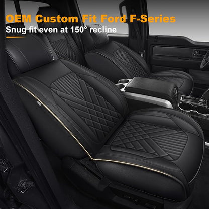 IKABEVEM for Ford F150 2009-2024 2025 2026 Seat Covers F250 F350 F450 2017-2025 2026 Seat Cushion Cover with Faux Leather(Full Set, Black)